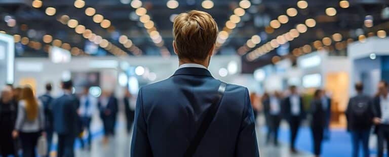 business executive standing in exhibition hall