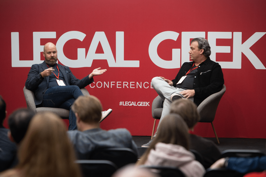 Mark Langsbury (ContractPodAi) & Jeff Catanzaro (PwC) presenting at the Legal Geek conference 2023