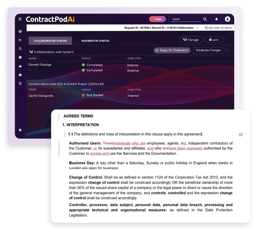 ContractPodAi interface showing multi-party collaboration statuses for CLM, with agreement terms defining users, business day, and data control clauses.