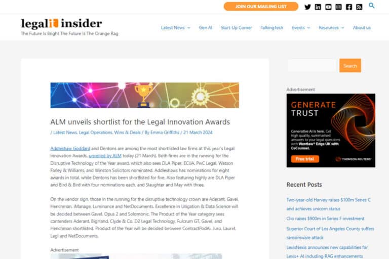 Legal IT Insider: ALM unveils shortlist for the Legal Innovation Awards