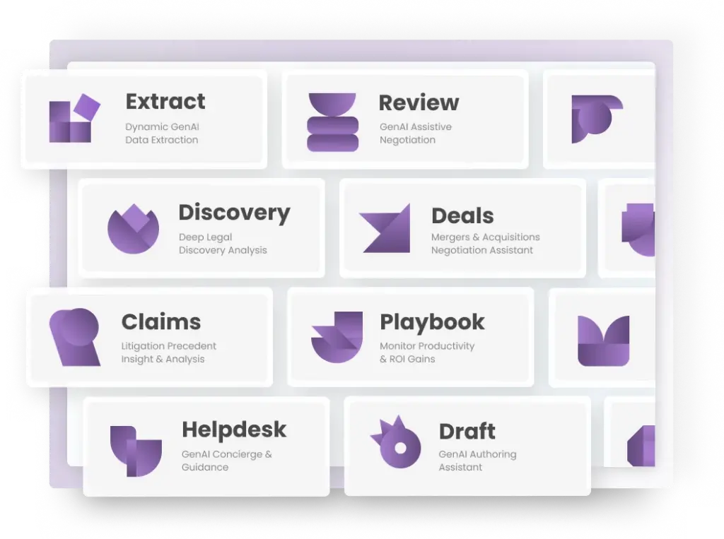 Visual interface of ContractPodAi’s Leah platform showing AI-driven legal tools like Extract, Review, Discovery, Deals, Claims, Playbook, Helpdesk, and Draft