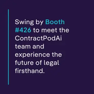 Announcement inviting attendees to visit ContractPodAi at Booth #426 during CGI 2025 to experience the future of legal technology firsthand.