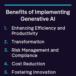 5 Benefits of Implementing Generative AI: Enhancing Efficiency and Productivity, Transformation, Risk Management and Compliance, Cost Reduction, and Fostering Innovation 