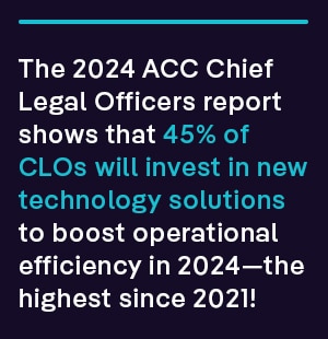 The 2024 ACC Chief Legal Officers report shows that 45% of Chief Legal Officers (CLOs) will invest in new technology solutions to boost operational efficiency in 2024—the highest since 2021!
