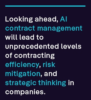 Looking ahead, AI contract management will lead to unprecedented levels of contracting efficiency, risk mitigation, and strategic thinking in companies.