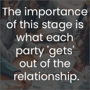 The importance of this stage is what each party 'gets' out of the relationship