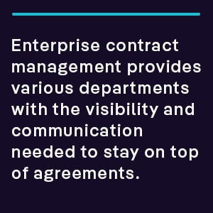 Enterprise contract management provides various departments with the visibility and communication needed to stay on top of agreements.