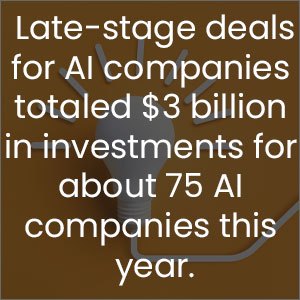 late stage deals for AI companies totaled 3 billion in investments for about 75 AI companies this year as a legal tech trend