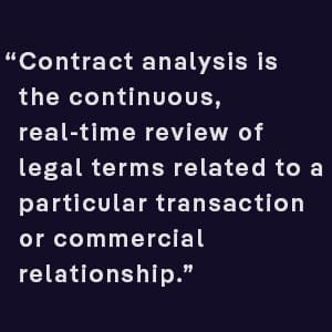 Contract analysis is the continuous, real-time review of legal terms related to a particular transaction or commercial relationship.