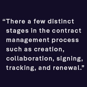 There are a few distinct stages in the contract management process such as creation, collaboration, signing, tracking and renewal