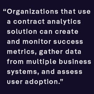 Organizations that use a contract analytics solution can create and monitor success metrics, gather data from multiple business systems, and assess user adoption.