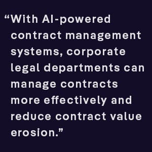 With AI powered contract management systems, corporate legal departments can manage contracts more effectively and reduce contract value erosion and contract pitfalls