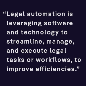 Legal automation is leveraging software and technology to streamline, manage, and execute legal tasks or workflows, to improve efficiencies.