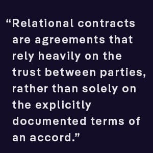 relational contracts are agreements that rely heavily on the trust between parties, rather than solely on the explicitly documented terms of an accord.