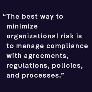 The best way to minimize organizational risk is to manage compliance with agreements, regulations, policies, and processes.