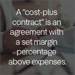 A “cost-plus contract" is an agreement with a set margin percentage above expenses.