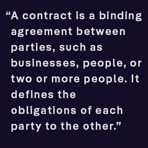 a contract is a binding agreement between parties, such as businesses, people, or two or more people. It defines the obligations of each party to the other