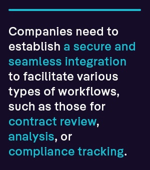 Companies need to establish a secure and seamless integration to facilitate various types of workflows, such as those for contract review, analysis, or compliance tracking.