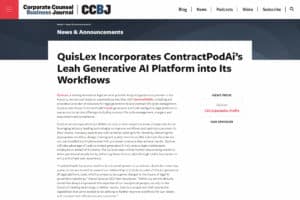 Corporate Counsel Business Journal: QuisLex Incorporates ContractPodAi’s Leah Generative AI Platform into Its Workflows