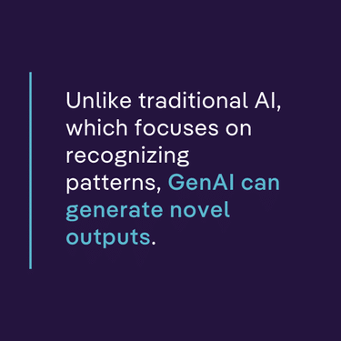 Unlike traditional AI, which focuses on recognizing patterns, GenAI can generate novel outputs.