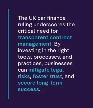 The UK car finance ruling underscores the critical need for transparent contract management. By investing in the right tools, processes, and practices, businesses can mitigate legal risks, foster trust, and secure long-term success. 