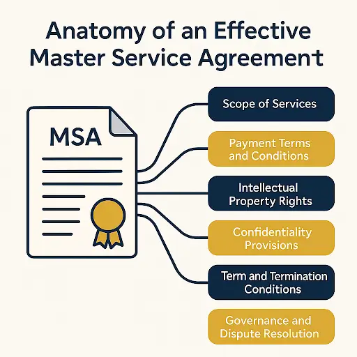 Infographic titled ‘Anatomy of an Effective Master Service Agreement.’ A stylized contract labeled ‘MSA’ is connected to six key components: Scope of Services, Payment Terms and Conditions, Intellectual Property Rights, Confidentiality Provisions, Term and Termination Conditions, and Governance and Dispute Resolution.