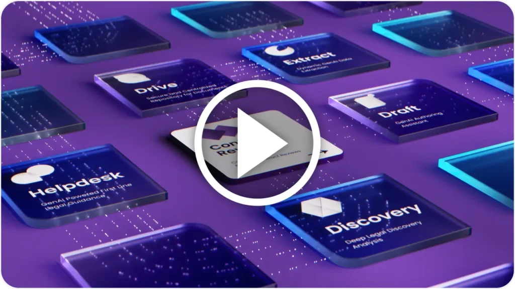 3D grid of AI-powered legal tools on a purple background, including Helpdesk, Drive, Extract, Draft, Discovery, and Contract Review modules.