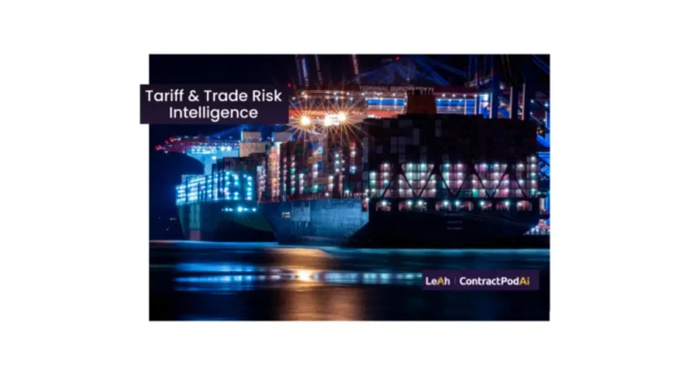 Cargo ship docked at a brightly lit port at night with text overlay reading "Tariff & Trade Risk Intelligence" and branding for Leah and ContractPodAi.