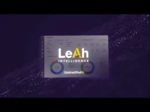 Dark-themed promotional image showcasing the LeAh Intelligence dashboard by ContractPodAi, featuring analytics charts and clean UI visuals.