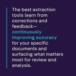 Graphic highlighting that top AI extraction tools continuously improve accuracy by learning from feedback—crucial for refining AI contract data extraction.