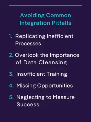 List of common Salesforce contract management integration pitfalls, including inefficient processes, poor data cleansing, lack of training, missed opportunities, and not measuring success.