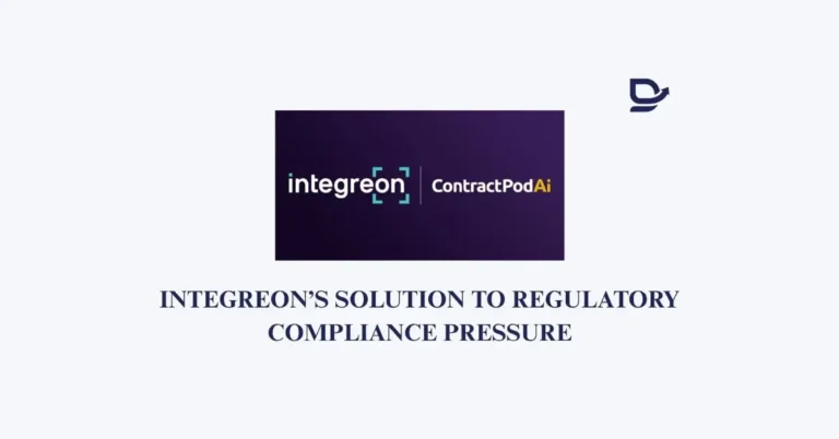 Integreon and ContractPodAi logo on a purple background, with text below reading "Integreon’s Solution to Regulatory Compliance Pressure."