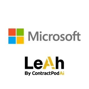 Microsoft logo above the Leah by ContractPodAi logo, representing the partnership to accelerate AI innovation in legal, compliance, procurement, and regulatory operations.