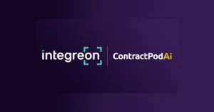 Purple banner featuring the logos of Integreon and ContractPodAi side by side, representing a corporate partnership announcement.