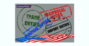 Graphic with overlapping stamps reading "Trade Duties," "Reciprocal Duties," "Punitive Duties," and "Import Duties" over a U.S. flag, ContractPodAi logo on top.
