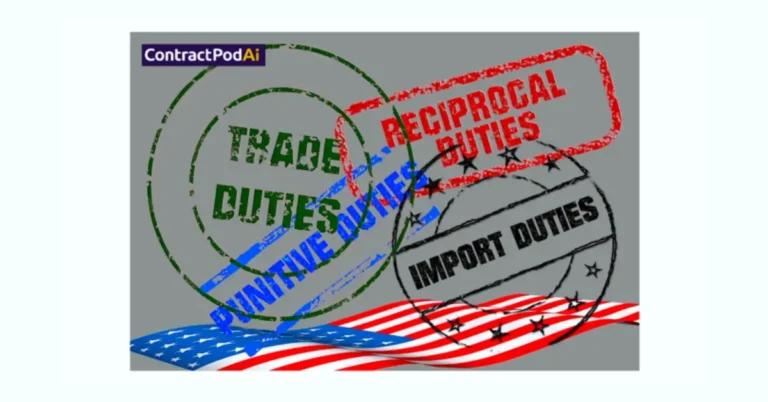 Graphic with overlapping stamps reading "Trade Duties," "Reciprocal Duties," "Punitive Duties," and "Import Duties" over a U.S. flag, ContractPodAi logo on top.