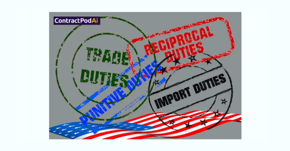 Graphic with overlapping stamps reading "Trade Duties," "Reciprocal Duties," "Punitive Duties," and "Import Duties" over a U.S. flag, ContractPodAi logo on top.