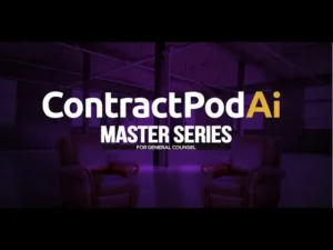 ContractPodAi Master Series promotional graphic with bold white and yellow logo, featuring two leather chairs in a dimly lit purple-toned studio.