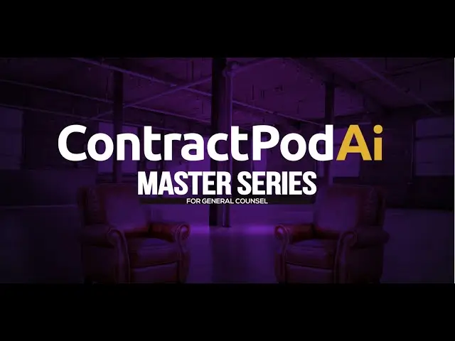 ContractPodAi Master Series promotional graphic with bold white and yellow logo, featuring two leather chairs in a dimly lit purple-toned studio.