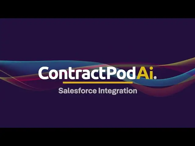 ContractPodAi slide featuring the text “Salesforce Integration” beneath the logo, with a colorful wave design on a dark purple background.
