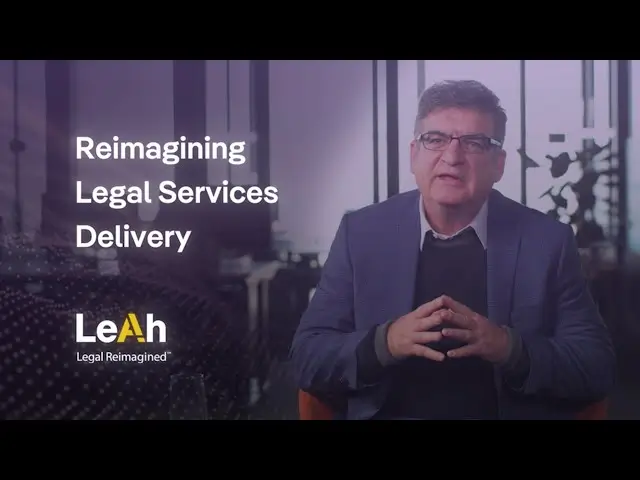 Man in glasses and blazer sits beside text "Reimagining Legal Services Delivery" with Leah logo and tagline "Legal Reimagined" on a purple-toned background.