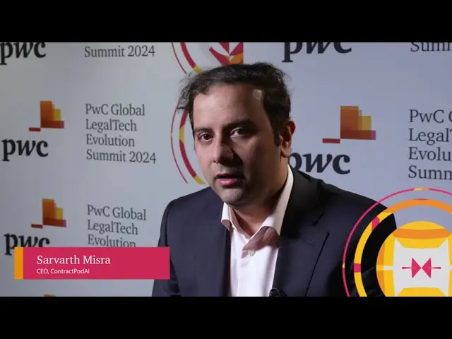Man in dark blazer speaks at PwC Global LegalTech Evolution Summit 2024, identified as Sarvarth Misra, CEO of ContractPodAi, against event backdrop.