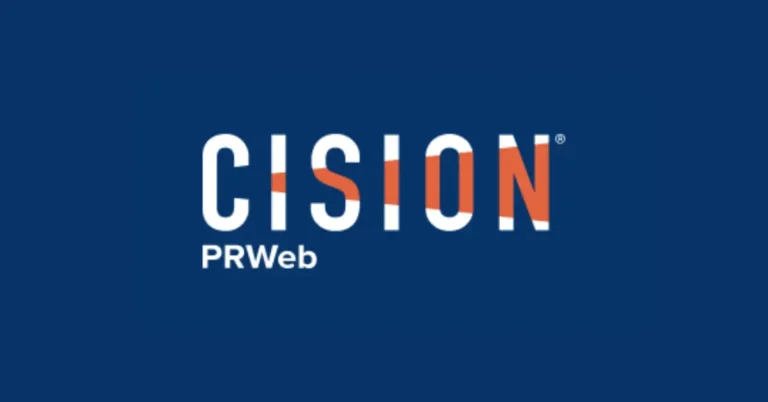 Blue background displaying the Cision PRWeb logo with bold white and orange letters representing press release distribution services.