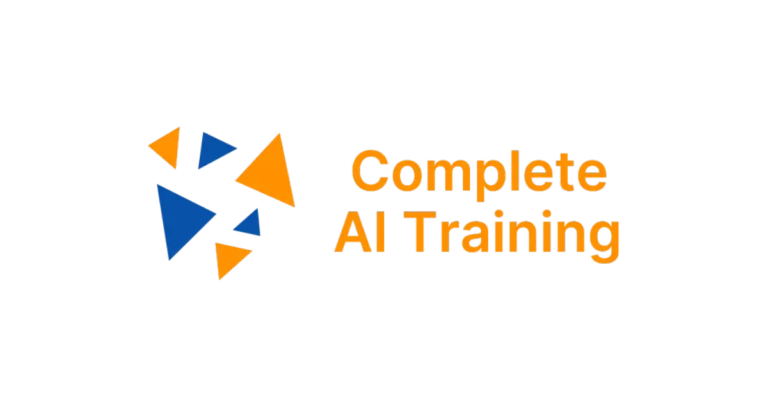 Logo for Complete AI Training with orange and blue triangular shapes forming a cluster beside bold orange text on a black background.