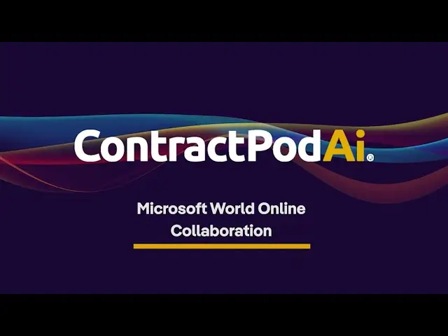 ContractPodAi logo over colorful wave design with the caption "Microsoft Word Online Collaboration" on dark purple background.