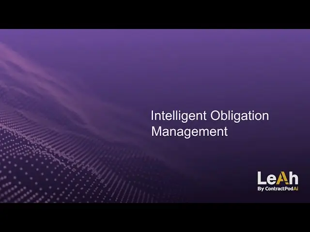 Purple gradient background with dotted wave pattern and text "Intelligent Obligation Management" beside Leah by ContractPodAi logo in lower right corner.