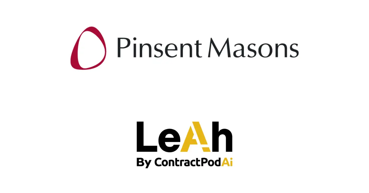 Logos of Pinsent Masons with red abstract emblem and "LeAh by ContractPodAi" featuring bold black and gold stylized text on white background.