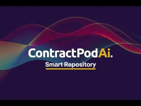ContractPodAi slide featuring the phrase “Smart Repository” under the logo, with multicolored wave graphics on a dark purple background.