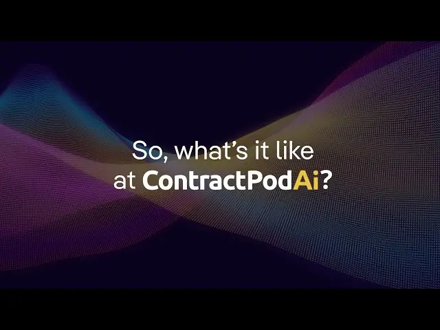 Slide with the question “So, what’s it like at ContractPodAi?” in white and yellow text over a dark background with colorful mesh wave graphics.