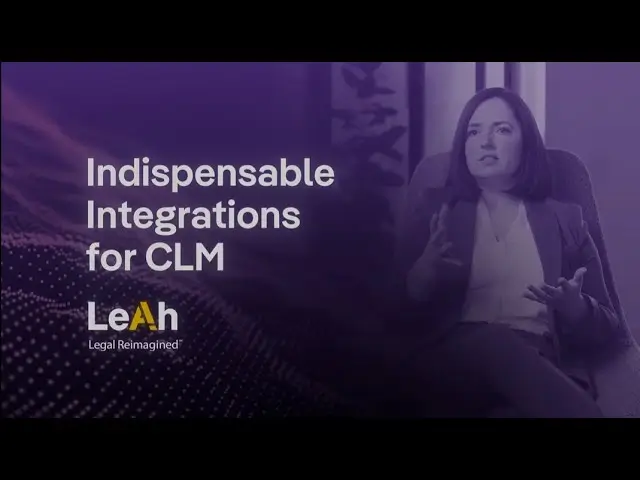 Woman in business attire gestures while seated beside text "Indispensable Integrations for CLM" with Leah logo and tagline "Legal Reimagined" on purple background.